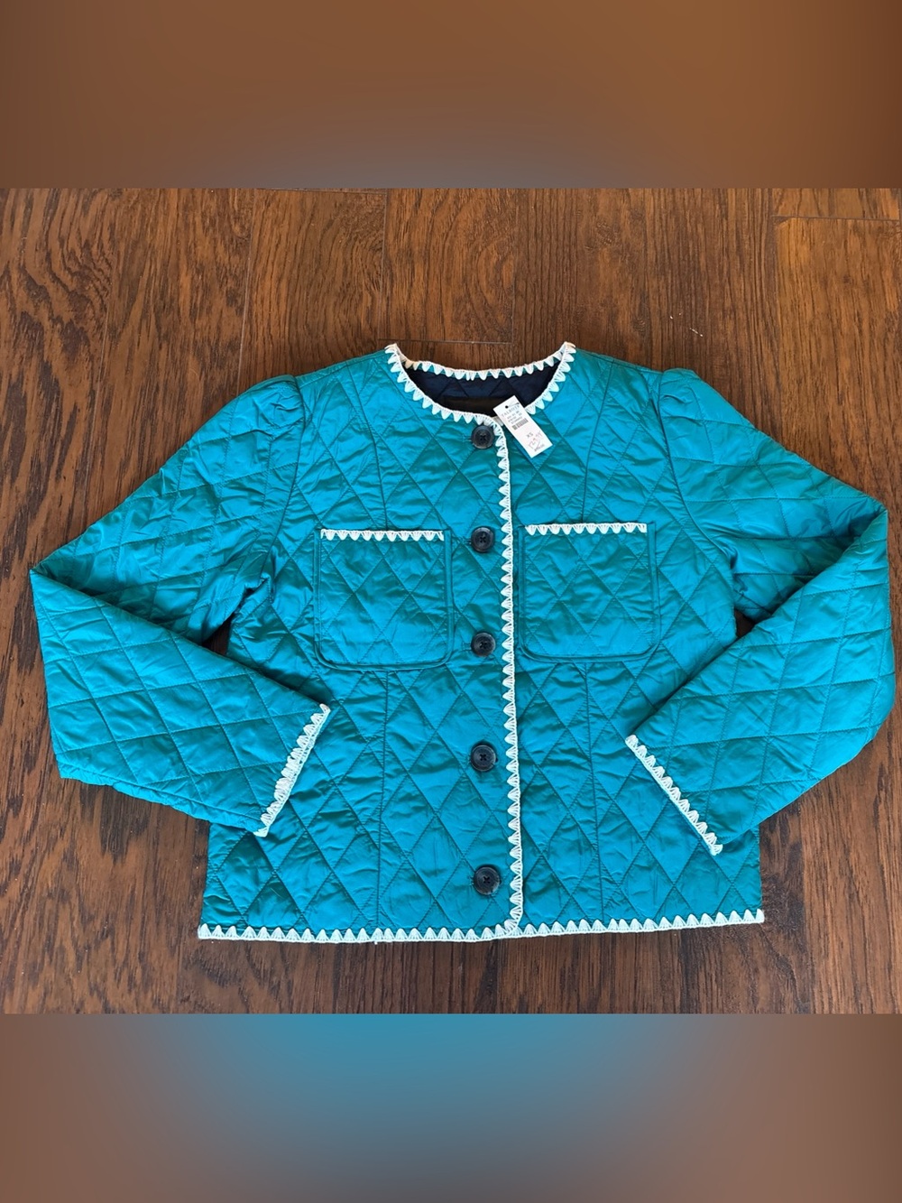 Talbots Women's Quilted Jacket Teal Blue white scalloped embroidery Trim-XS NWT
